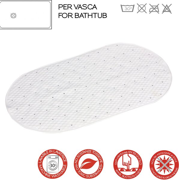 GEDY Tappetino Vasca da Bagno Antiscivolo con Ventose Tappeto rettangolare in PVC 690 x 385 x 7 mm colore Trasparente Bianco - TAVA4000230 Solid