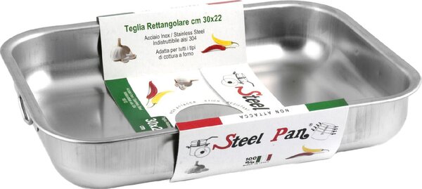 Steel Pan Teglia Forno Antiaderente Rettangolare in Acciaio Inox 30 x 22 cm colore Inox