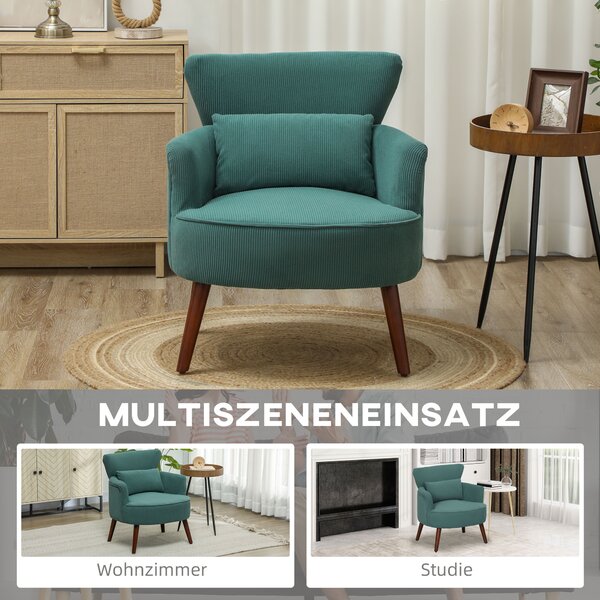 HOMCOM Poltroncina con Braccioli Moderna, Imbottita con Cuscino Lombare, Gambe in Gomma, Verde Scuro