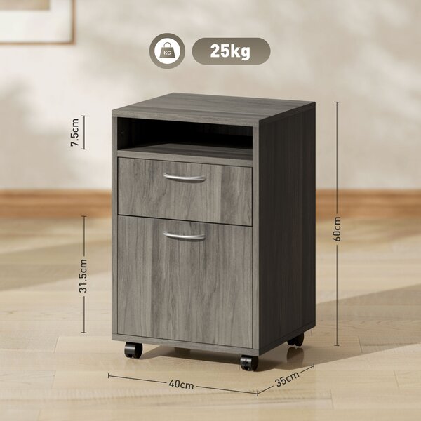 HOMCOM Cassettiera Portadocumenti a 4 Ruote con Ripiano Aperto e Cassetti, in Legno e Metallo, 40x35x60 cm, Grigio | Aosom Italy
