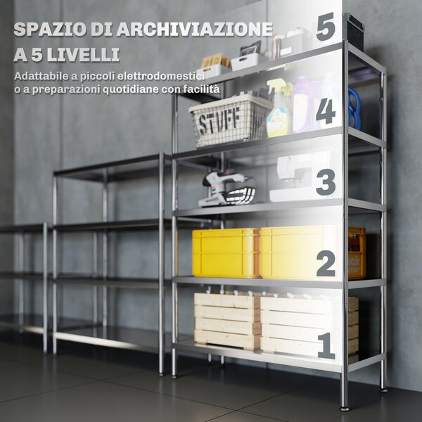 HOMCOM Scaffale da Cucina a 5 Livelli Regolabili su 13 Altezze Diverse, in Acciaio Inox, 91x40x139 cm, Argento | Aosom Italy