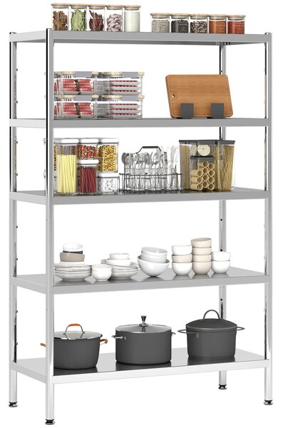 Scaffale da Cucina a 5 Livelli Regolabili 91x40x139 cm in Acciaio Inox Argento