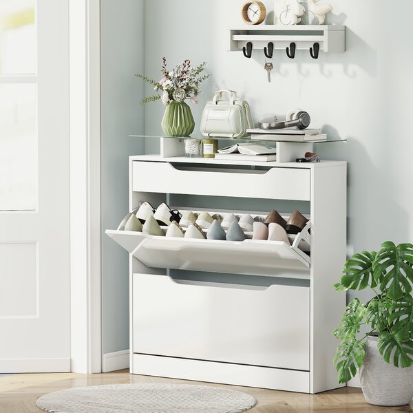 HOMCOM Armadio scarpiera Moderna con 2 Cassetti per 16 Scarpe, con Mensola Regolabile e Ripiano in Vetro, 89x23x96cm, Bianco Lucido| Aosom Italy