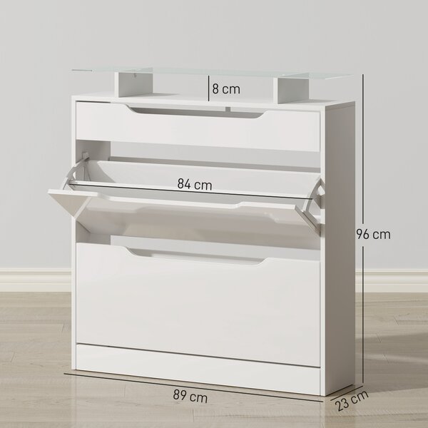 HOMCOM Armadio scarpiera Moderna con 2 Cassetti per 16 Scarpe, con Mensola Regolabile e Ripiano in Vetro, 89x23x96cm, Bianco Lucido| Aosom Italy