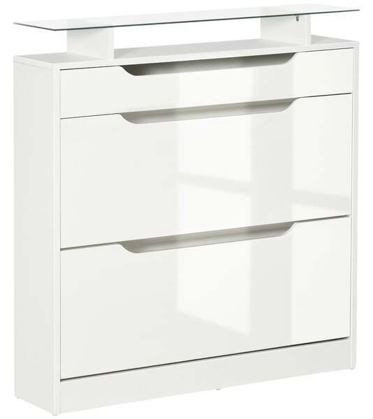 HOMCOM Armadio scarpiera Moderna con 2 Cassetti per 16 Scarpe, con Mensola Regolabile e Ripiano in Vetro, 89x23x96cm, Bianco Lucido| Aosom Italy