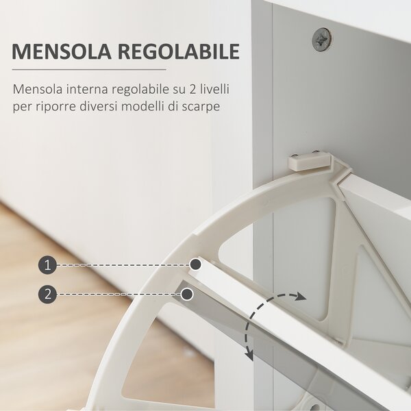 HOMCOM Armadio scarpiera Moderna con 2 Cassetti per 16 Scarpe, con Mensola Regolabile e Ripiano in Vetro, 89x23x96cm, Bianco Lucido| Aosom Italy
