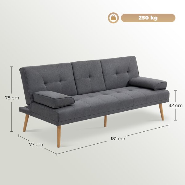 HOMCOM Divano Letto 3 Posti Reclinabile con 2 Braccioli Staccabili, in Tessuto Effetto Lino e Legno di Pioppo, 181x77x72 cm, Grigio scuro|Aosom