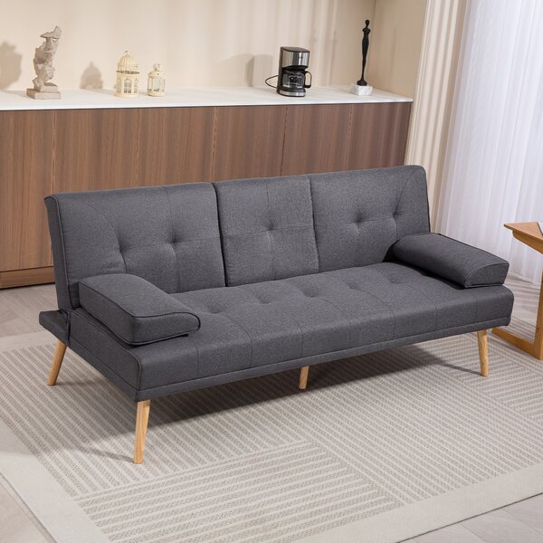 HOMCOM Divano Letto 3 Posti Reclinabile con 2 Braccioli Staccabili, in Tessuto Effetto Lino e Legno di Pioppo, 181x77x72 cm, Grigio scuro|Aosom