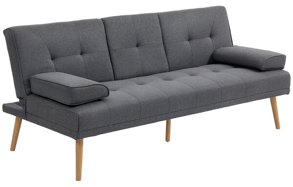 HOMCOM Divano Letto 3 Posti Reclinabile con 2 Braccioli Staccabili, in Tessuto Effetto Lino e Legno di Pioppo, 181x77x72 cm, Grigio scuro|Aosom