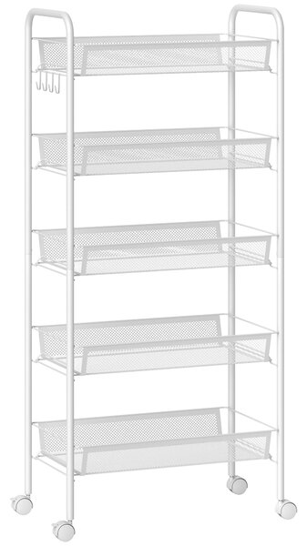 HOMCOM Carrello da Cucina Salvaspazio a 5 Livelli con Cestini a Rete in Acciaio, 45x26.5x106cm, Bianco