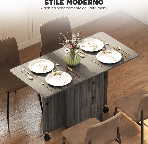 HOMCOM Tavolo a Ribalta a 6 Rotelle con 2 Cassetti e Armadietto ad Ante, in Legno, 120x60x76.5 cm, Grigio | Aosom Italy