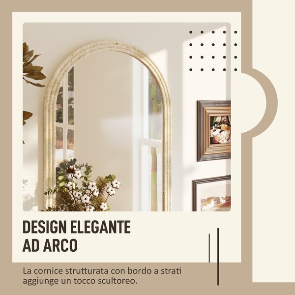 HOMCOM Specchio da Parete ad Arco con Bordo Scanalato e Ganci, in Vetro e Polistirene, 50x2x70 cm, Beige | Aosom Italy