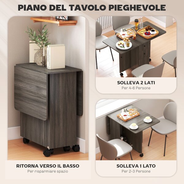 HOMCOM Tavolo a Ribalta a 6 Rotelle con 2 Cassetti e Armadietto ad Ante, in Legno, 120x60x76.5 cm, Grigio | Aosom Italy