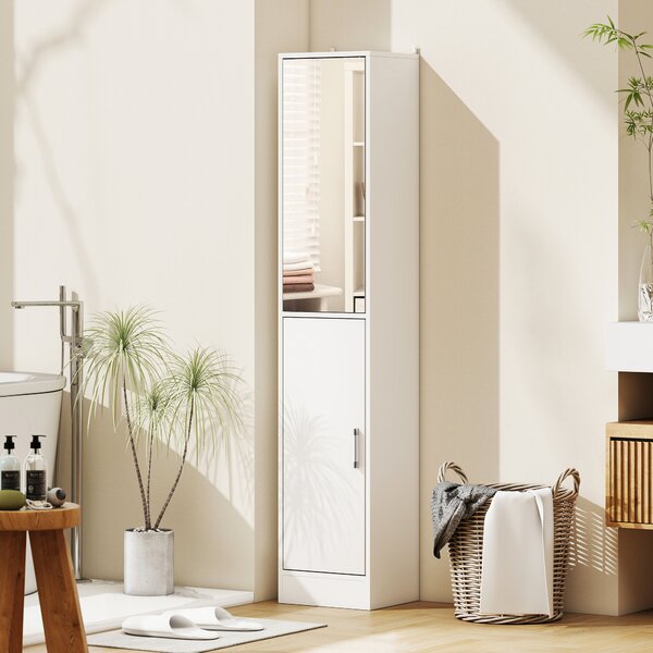 Kleankin Mobile Colonna Bagno in Legno a 5 Ripiani con Anta a Specchio Apribile, 32x28x162 cm, Bianco | Aosom Italy