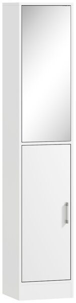 Kleankin Mobile Colonna Bagno in Legno a 5 Ripiani con Anta a Specchio Apribile, 32x28x162 cm, Bianco | Aosom Italy