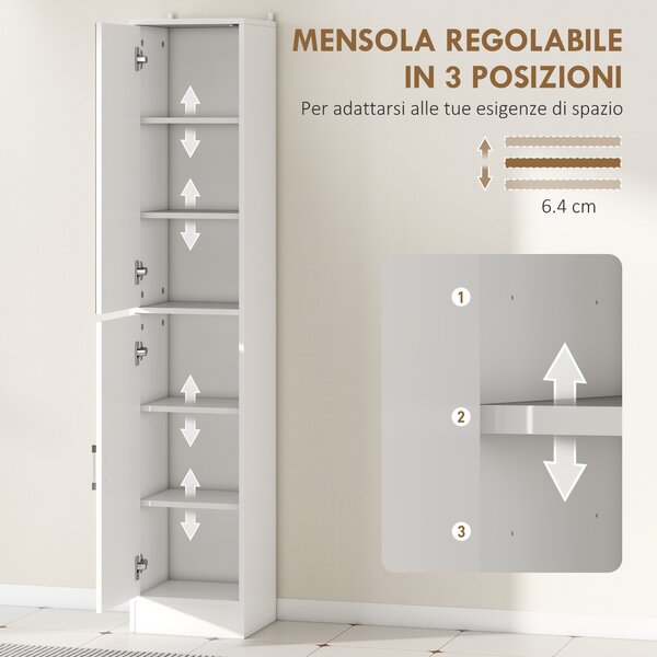 Kleankin Mobile Colonna Bagno in Legno a 5 Ripiani con Anta a Specchio Apribile, 32x28x162 cm, Bianco | Aosom Italy