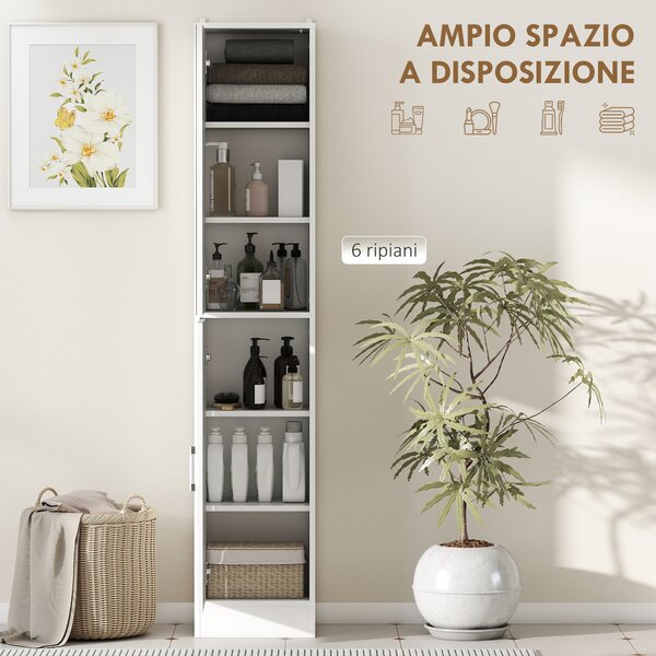 Kleankin Mobile Colonna Bagno in Legno a 5 Ripiani con Anta a Specchio Apribile, 32x28x162 cm, Bianco | Aosom Italy