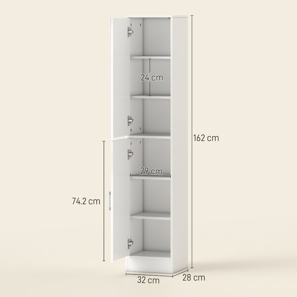 Kleankin Mobile Colonna Bagno in Legno a 5 Ripiani con Anta a Specchio Apribile, 32x28x162 cm, Bianco | Aosom Italy