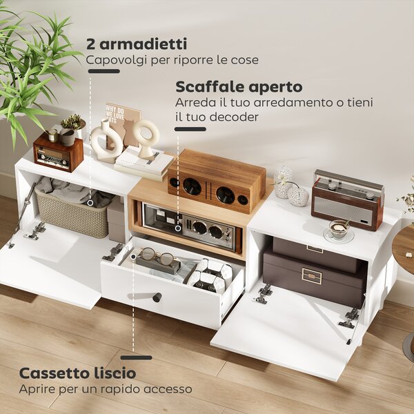 HOMCOM Mobile TV 70" max con 2 Ante a Ribalta, Cassetto e Scaffale Aperto, in Legno, 150x35x45 cm, Bianco e color Legno | Aosom Italy