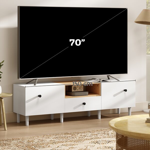 HOMCOM Mobile TV 70" max con 2 Ante a Ribalta, Cassetto e Scaffale Aperto, in Legno, 150x35x45 cm, Bianco e color Legno | Aosom Italy