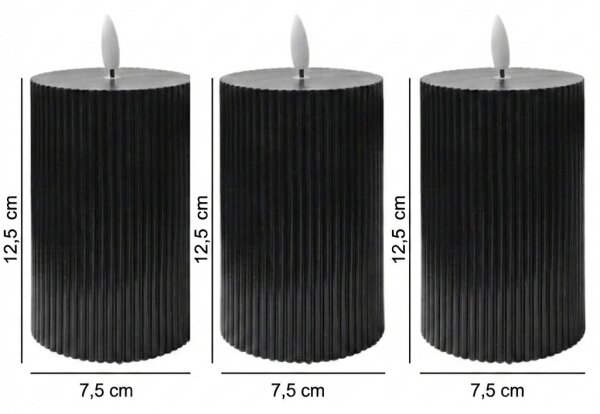 Set da 3 candele LED BRILLO, LED/2xAA, 12,5 cm, nero + telecomando