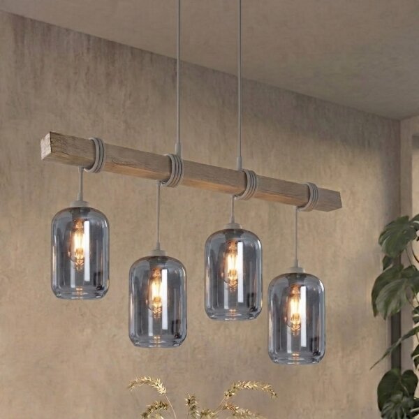 Brilagi - Lampadario sospeso a cavo WOOD GLASS 4xE27/60W/230V pino/grigio/grigio fumé