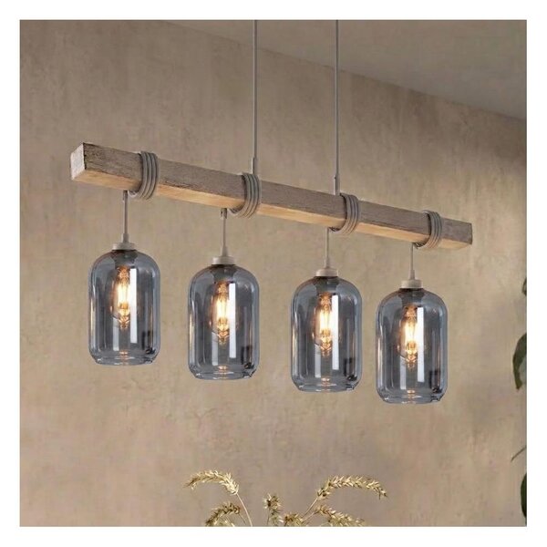 Brilagi - Lampadario sospeso a cavo WOOD GLASS 4xE27/60W/230V pino/grigio/grigio fumé