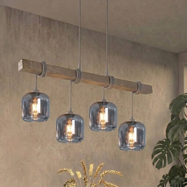 Brilagi - Lampadario sospeso con cavo WOOD GLASS 4xE27/60W/230V pino/grigio/grigio fumé