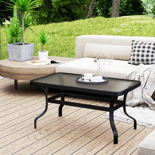 Outsunny Tavolino da Esterno Rettangolare in Metallo Nero con Piano in Vetro Temperato, 95x55x46 cm
