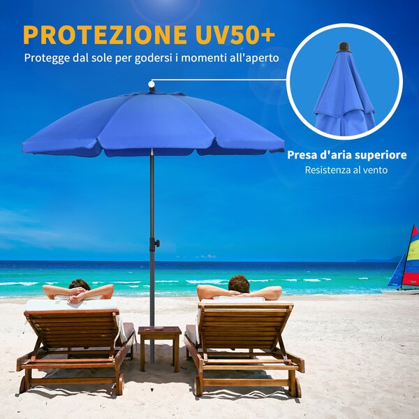 Outsunny Ombrellone da Spiaggia 1.8x2 m con Reclinazione a 45° e 8 Stecche, Poliestere e Acciaio, Blu