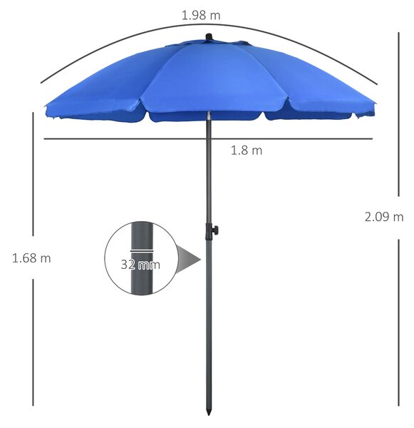 Outsunny Ombrellone da Spiaggia 1.8x2 m con Reclinazione a 45° e 8 Stecche, Poliestere e Acciaio, Blu