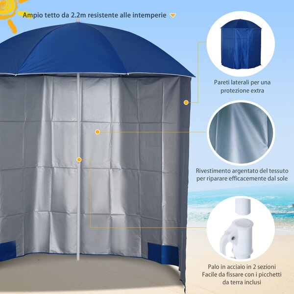 Outsunny Ombrellone da Spiaggia con Tenda Integrata, in Metallo e Poliestere, Ø220x220 cm, Blu