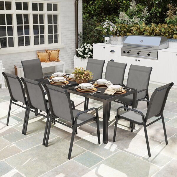 Set da Giardino con Tavolo Rettangolare in Vetro e 8 Sedie Impilabili con Braccioli Grigio Chiaro