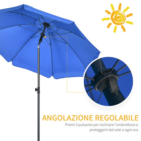 Outsunny Ombrellone da Spiaggia 1.8x2 m con Reclinazione a 45° e 8 Stecche, Poliestere e Acciaio, Blu