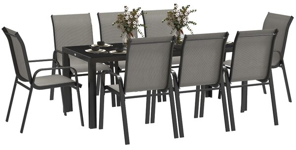 Set da Giardino con Tavolo Rettangolare in Vetro e 8 Sedie Impilabili con Braccioli Grigio Chiaro