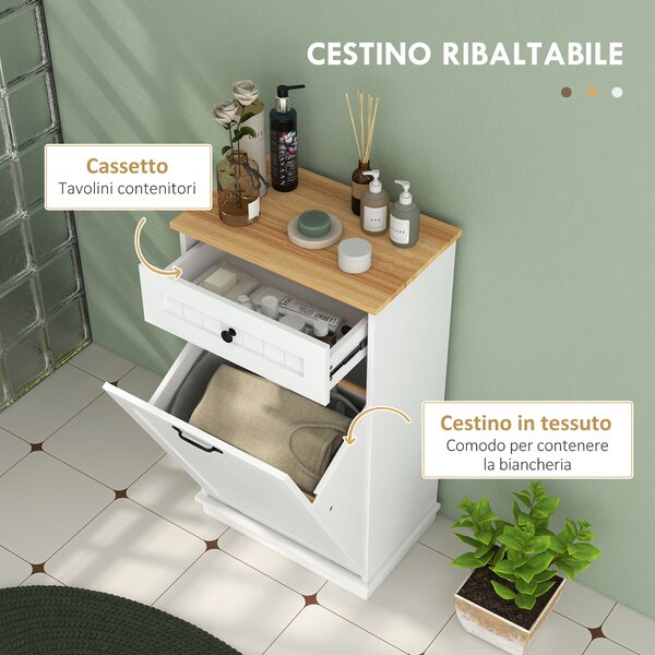 HOMCOM Mobile Bagno in Legno con Cesto Portabiancheria Ribaltabile e Cassetto Spazioso per Organizzazione Ottimale in Bianco|Aosom