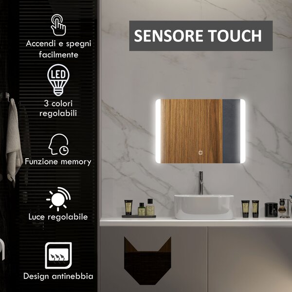 Kleankin Specchio Bagno con Luce LED a 3 Temperature, Interruttore Touch e Antiappannamento, 70x50cm|Aosom