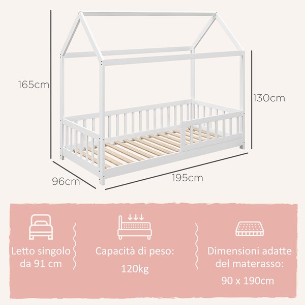 HOMCOM Letto per Bambini Casetta in Legno di Pino con Doghe e Recinzione Sicura per Stanza dei Bambini 96x195x165 cm Colore Bianco|Aosom