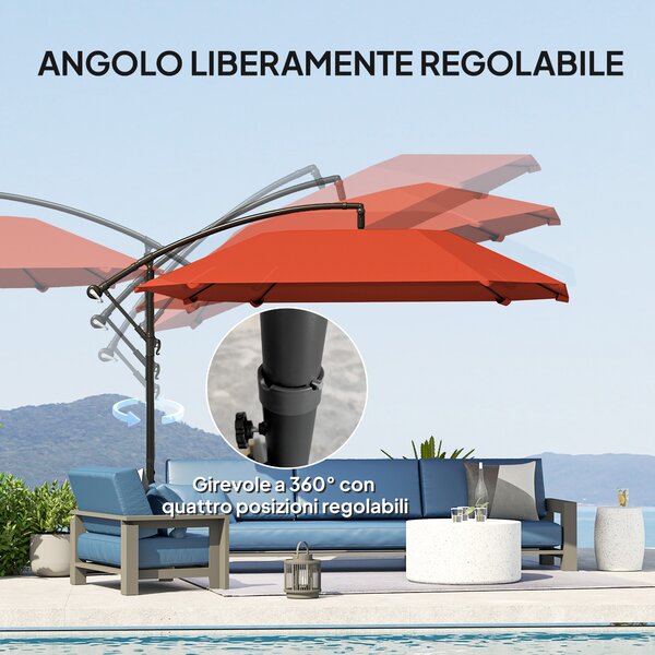 Outsunny Ombrellone a Sbalzo con Copertura Regolabile e Base a Croce, in Metallo e Poliestere, 260x304x245 cm, Bordeaux