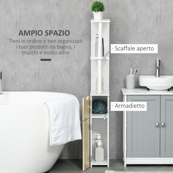 Kleankin Colonna Bagno con 2 Ripiani e 2 Armadietti, Mobile Alto Salvaspazio 15.2x29.8x118cm, Bianco e Legno|Aosom