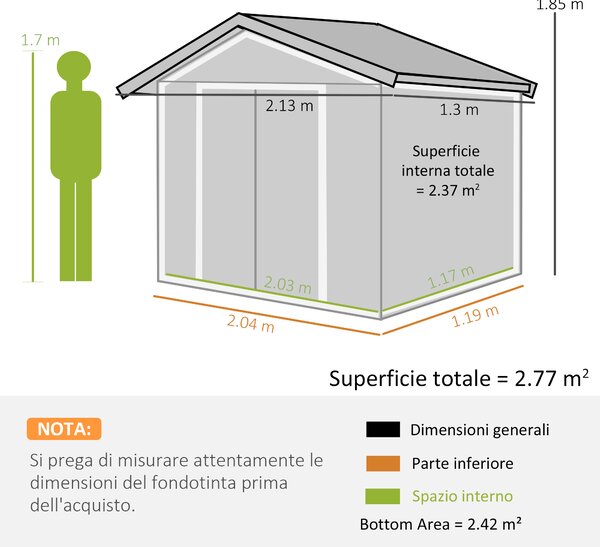 Outsunny Casetta da Giardino Porta Utensili in Lamiera con Porte Scorrevoli, 213x130x185cm, Giallo