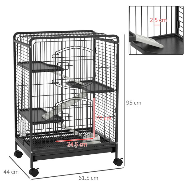 PawHut Gabbia per Piccoli Animali e Piccoli Roditori con Ruote, 3 Rampe e 3 Piattaforme, Ciotola e Bottiglia, 64x43.5x93cm, Nero|Aosom