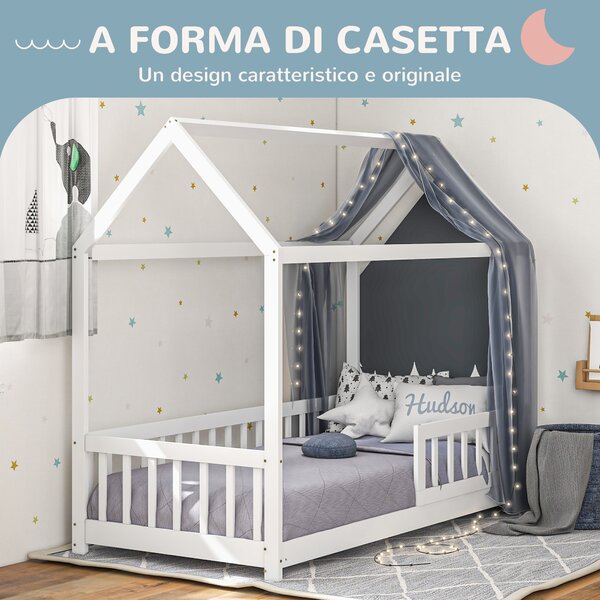 HOMCOM Letto per Bambini Casetta in Legno di Pino con Doghe e Recinzione Sicura per Stanza dei Bambini 96x195x165 cm Colore Bianco|Aosom