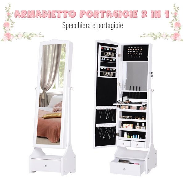 Homcom Armadio Portagioie Specchiera con Luci a LED Mobile portagioie Bianco 45x36x150cm|Aosom