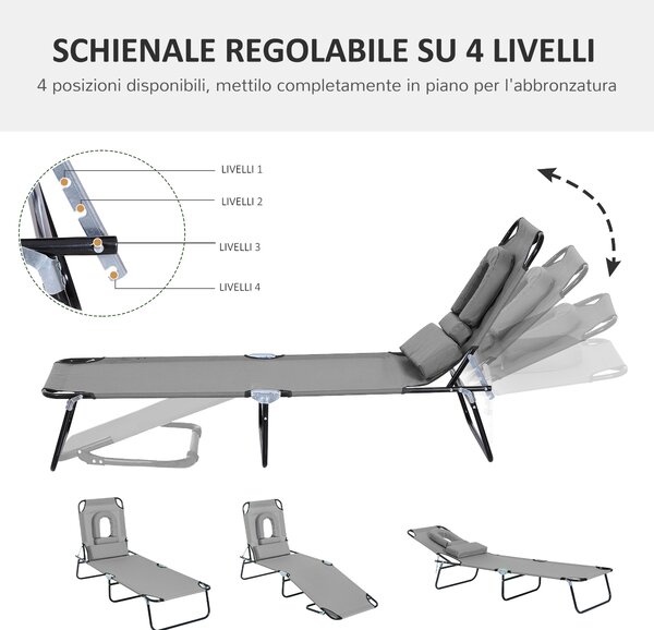 Outsunny Lettino Prendisole Pieghevole con Foro per il Viso Imbottito e Schienale Reclinabile, Grigio