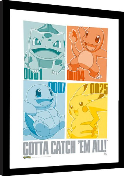 Quadro Pokemon - Pikachu Kanto Starters, Poster Incorniciato