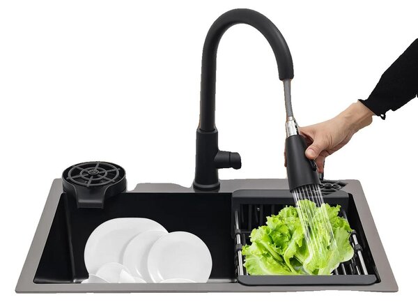 Lavello industriale, in acciaio inossidabile, dimensioni 60x45 cm, profondità 20 cm, miscelatore estraibile con portata massima di 60 cm, scarico a griglia