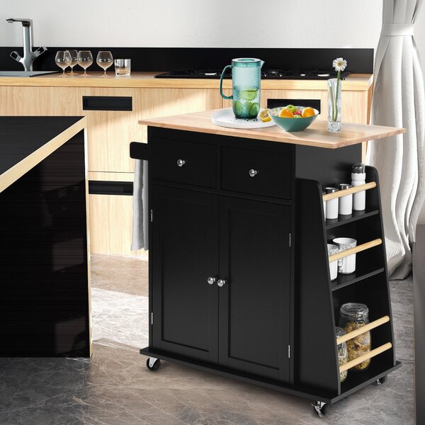 Costway Isola da cucina con contenitore su ruote ripiano regolabile 2 cassetti portaspezie, Carello a 2 porte Nero