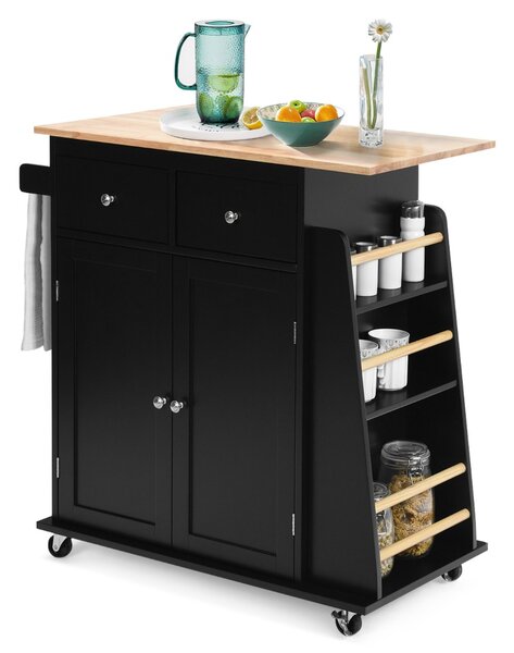 Costway Isola da cucina con contenitore su ruote ripiano regolabile 2 cassetti portaspezie, Carello a 2 porte Nero