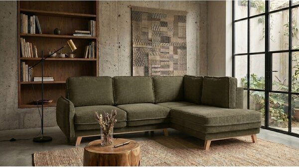 Divano angolare verde allungabile (con penisola a destra) con rivestimento in velluto a coste Tori – Bonami Selection